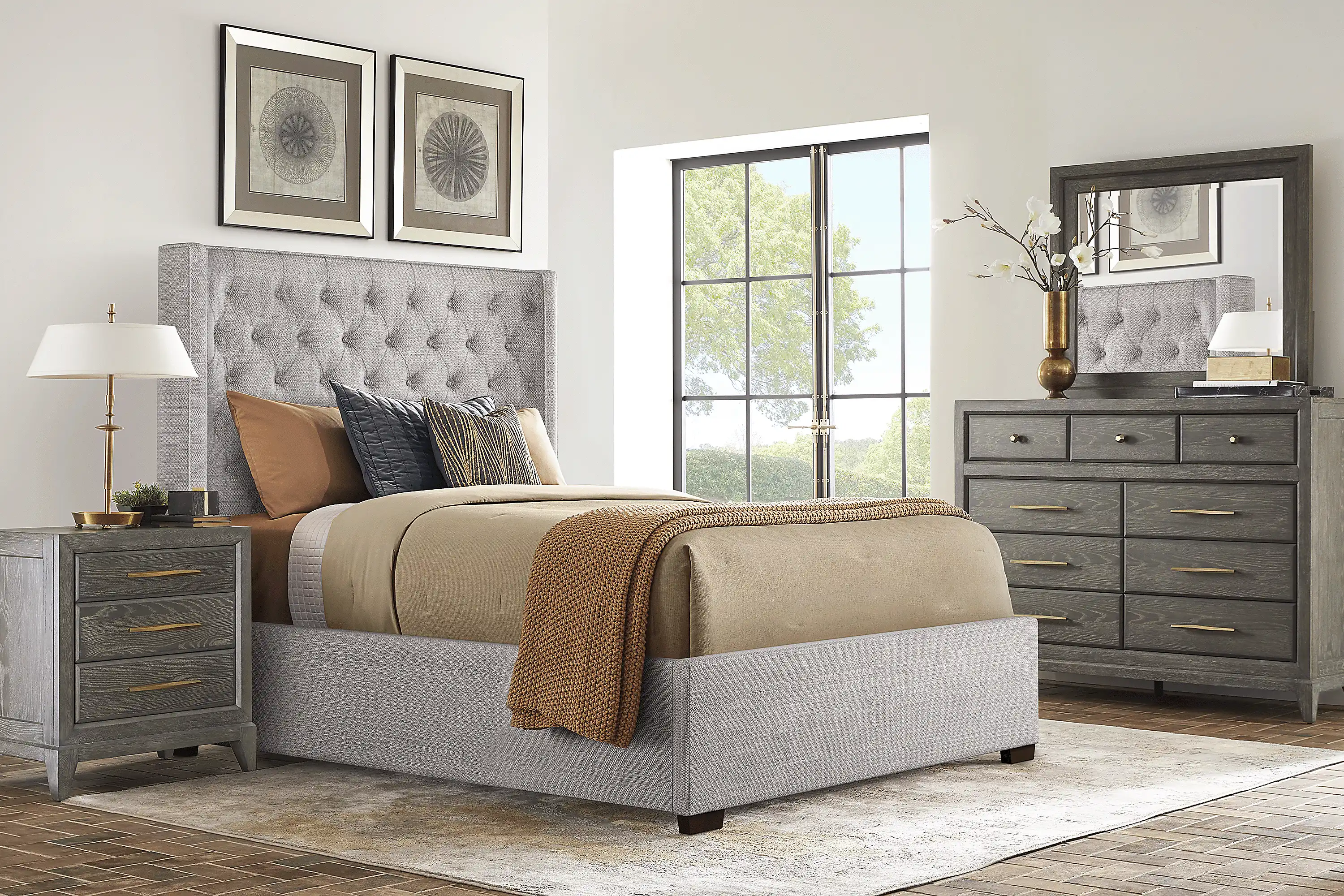 HarlowHillLightGray3PcQueenUpholsteredBed 2 KaileyParkCharcoalMirror