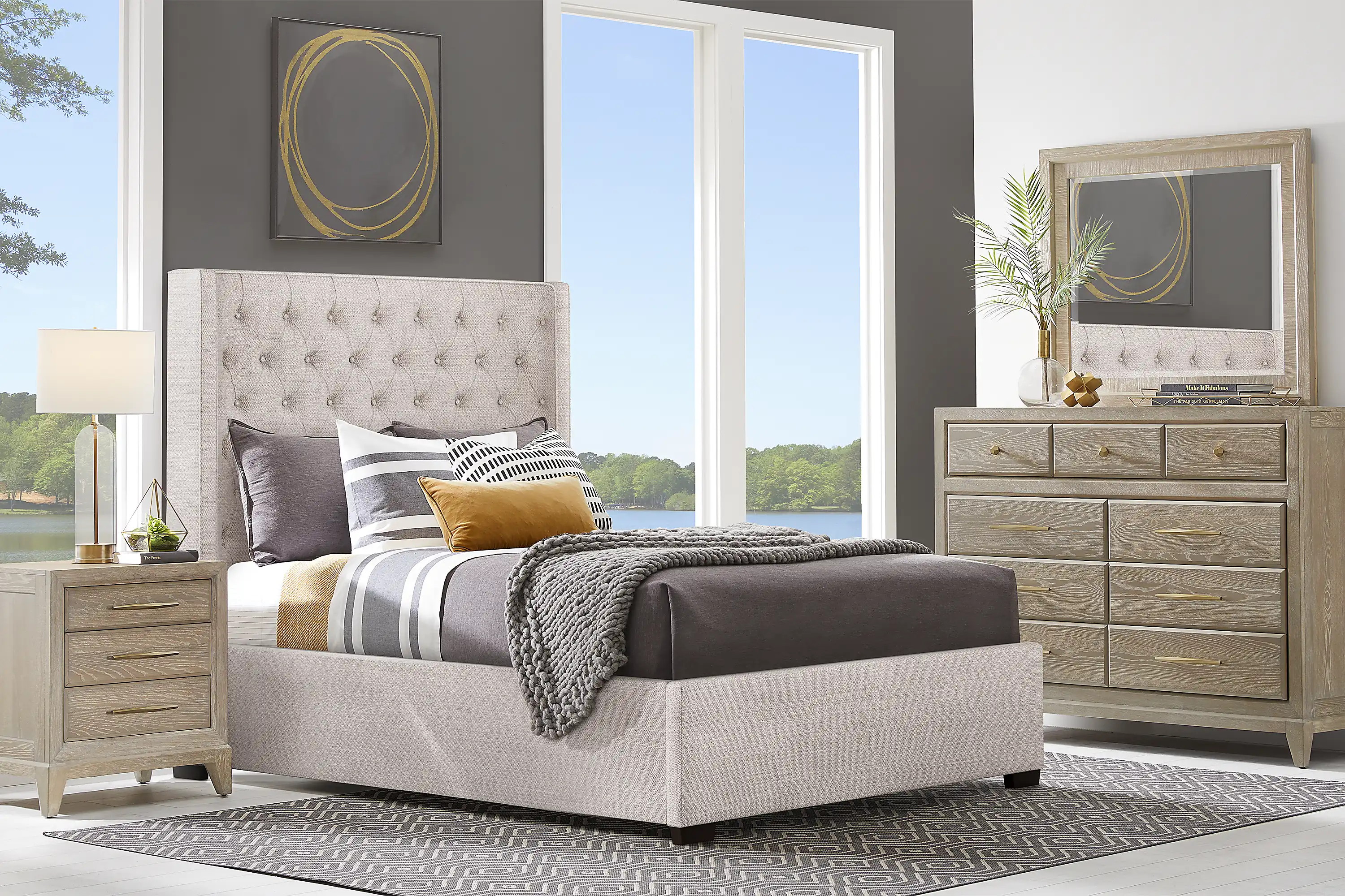 KaileyParkLightOak5PcBedroomWithHarlowHillTaupeQueenUpholsteredBed 1 HarlowHillTaupe3PcQueenUpholsteredBed